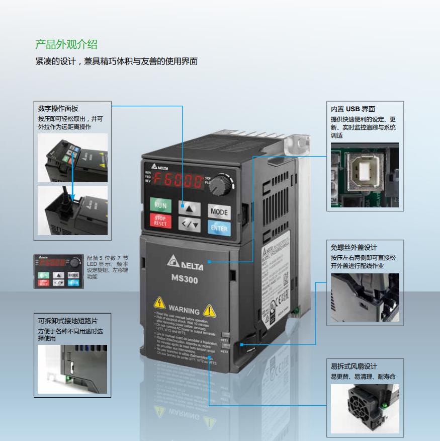 Delta inverter MS300 series single-phase 220V 0.751.5 2.2 3.7 5.5 7.5KW three-phase 380V