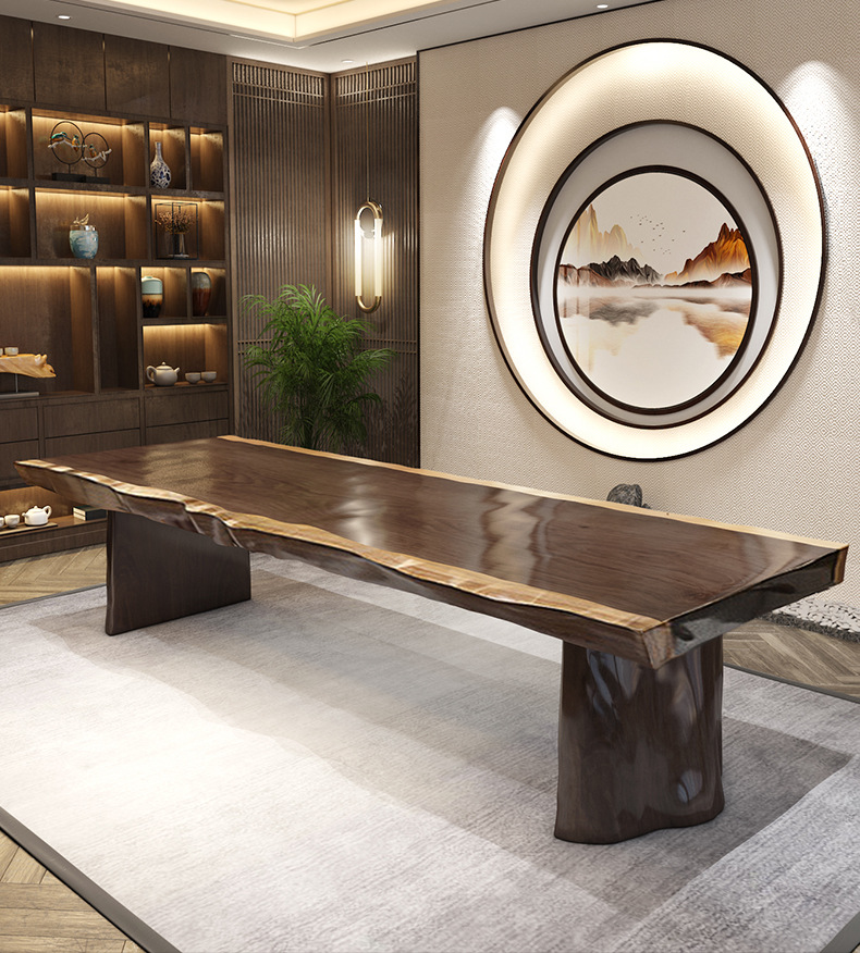 New Chinese style solid wood natural edge large board tea making table, original wood tea table, meeting table, boss's office table, negotiation tea table