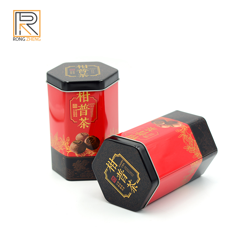 Customized hexagonal tea packaging iron box for manufacturers, small green citrus and Pu tea packaging box, irregular tin can