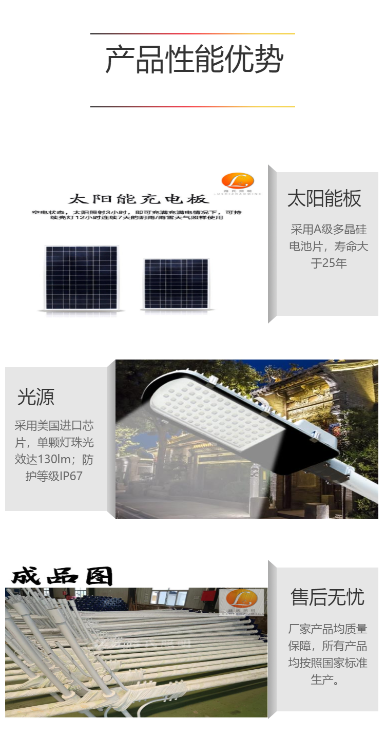 Lu's durable waterproof and anti-corrosion solar street light with high brightness of 6 meters and 8 meters supports customization