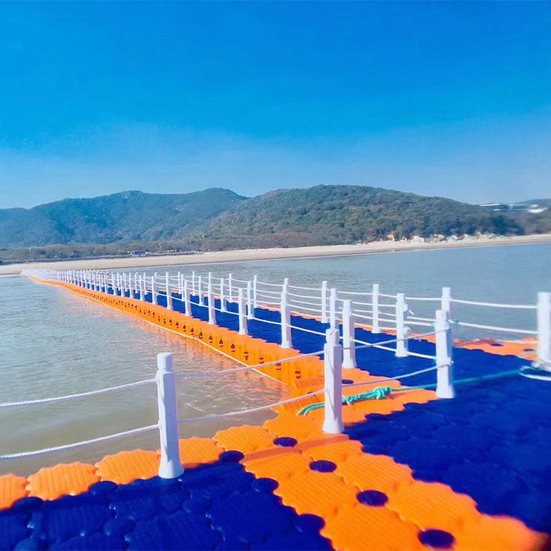 Design and installation of plastic float fishing platform for floating bridge yacht dock on water