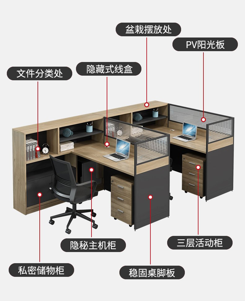 Modern financial screen partition with cabinet, minimalist staff work space, 2/4 person office desk and chair combination