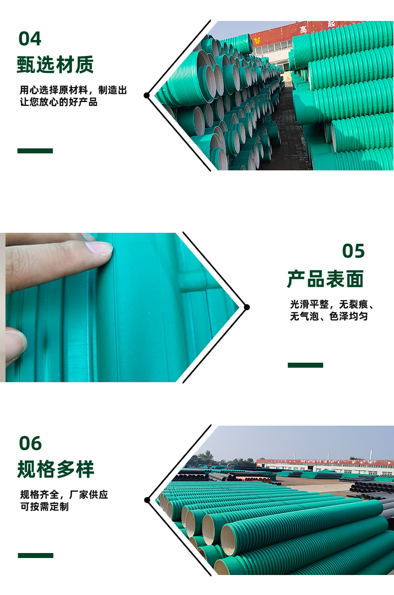 PPHM green double wall corrugated pipe, high-density polypropylene material SN8DN300, municipal drainage and sewage discharge, 6 meters/piece