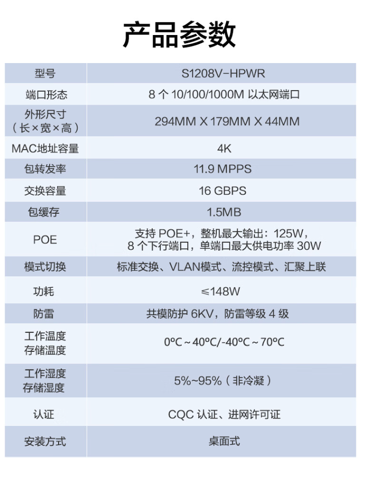 Xinhua H3C Gigabit Switch POE Power Supply 125W 8-port Gigabit Port S1208V-HPWR