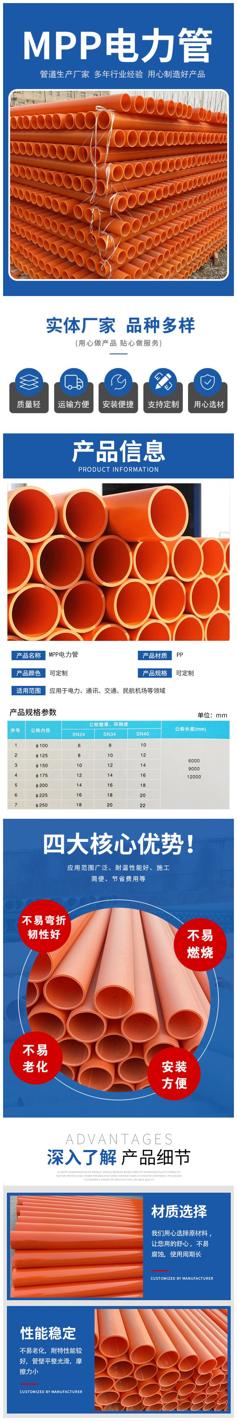 Shengjin MPP power pipe cable protective sleeve source manufacturer has complete specifications and supports selection, sampling, and customization