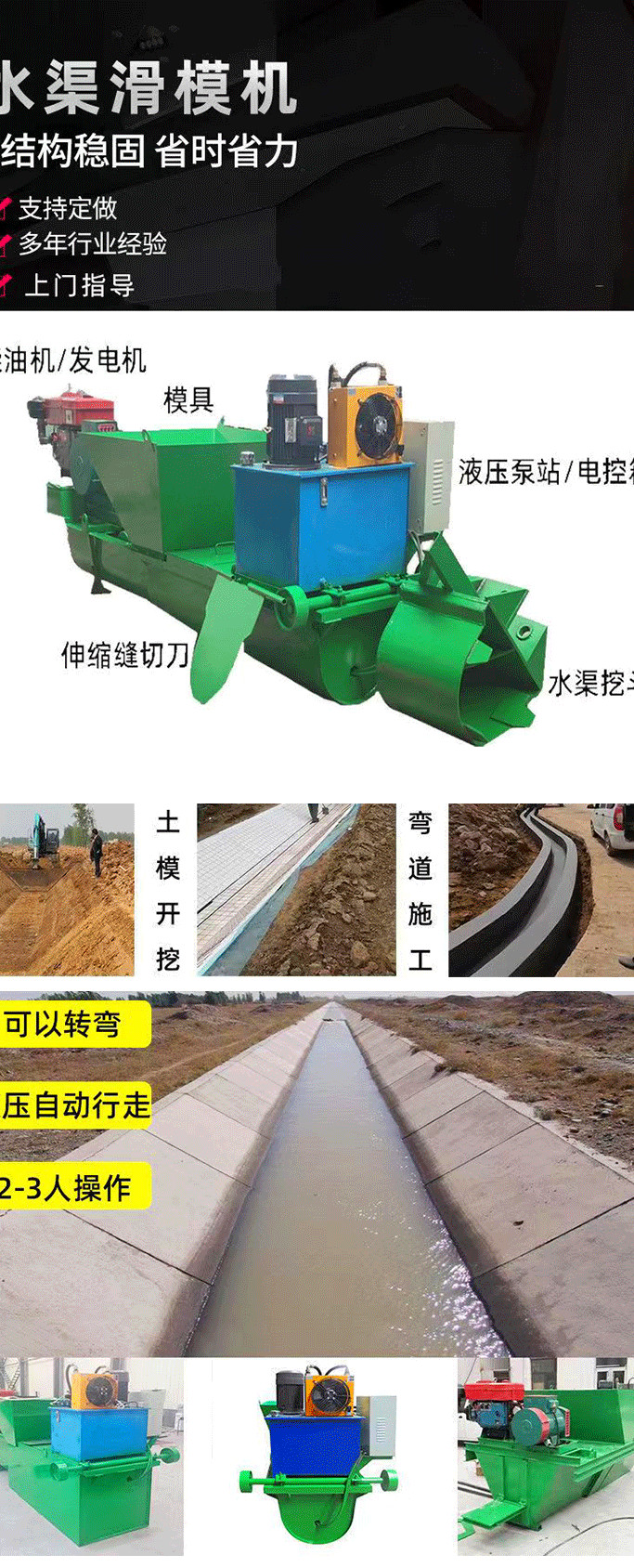 Sales and supply of channel sliding formwork machines, road edge stone one-time forming machines, self-propelled channel lining machines