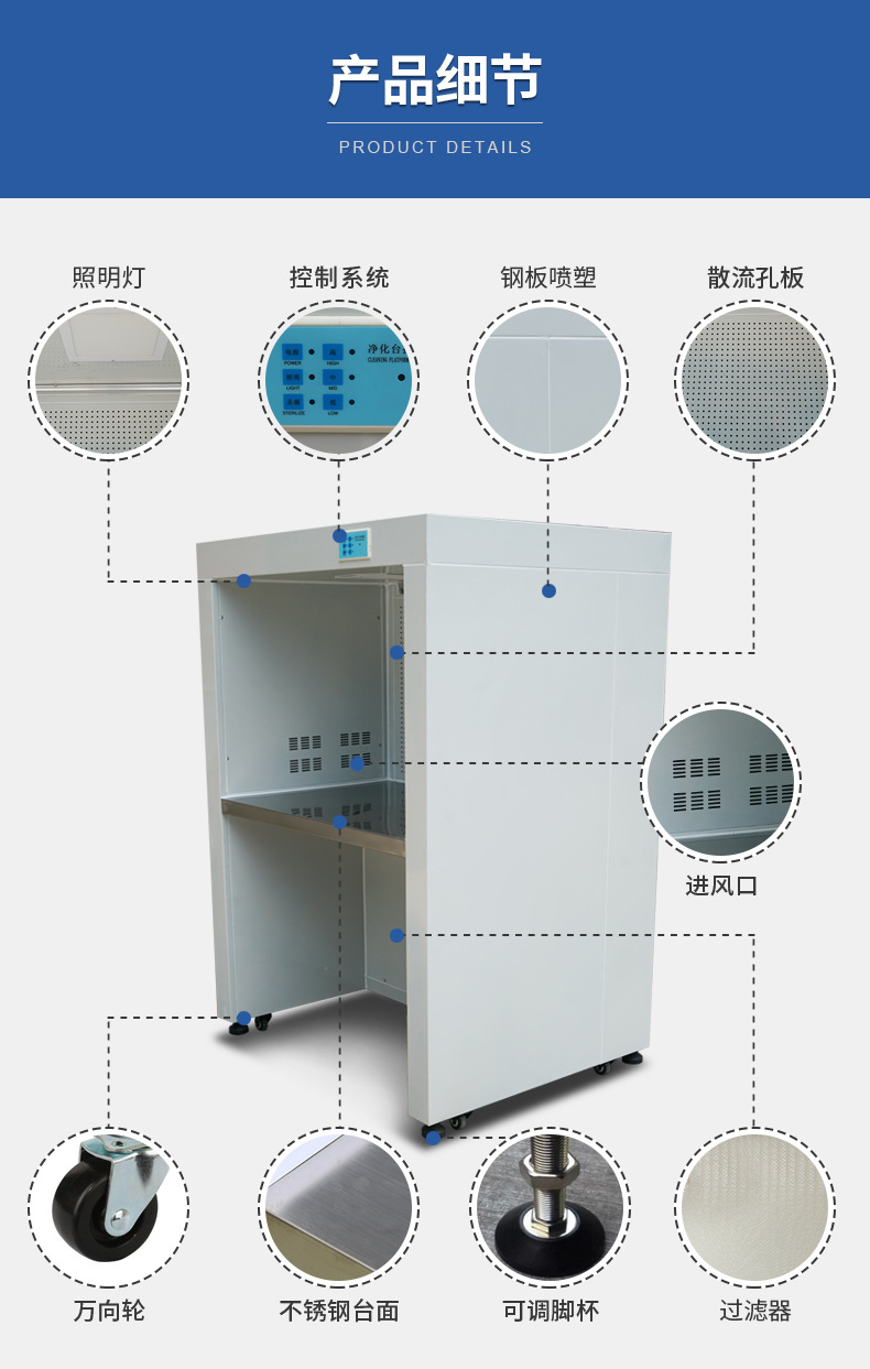 Clean workbench in dust-free workshop, single station horizontal flow stainless steel countertop, paint baking table body, biological table