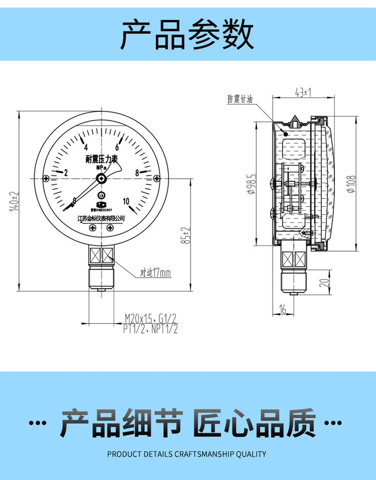 Gold standard instrument pointer Y60/Y100 radial high-pressure anti-corrosion industrial natural gas stainless steel shockproof pressure gauge