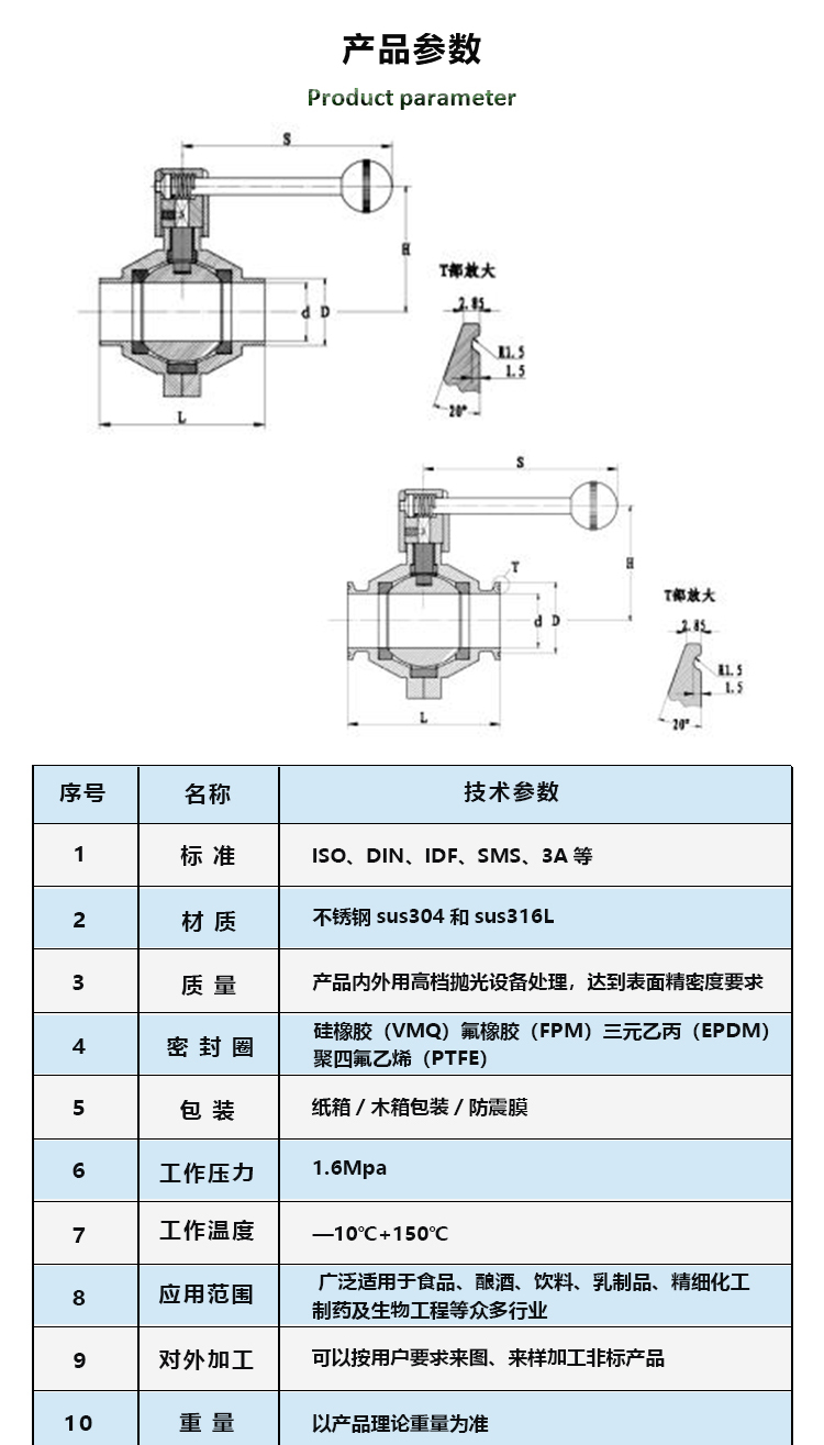 Hygienic food grade pneumatic quick installation butterfly ball valve Q681F stainless steel head 304 butterfly valve