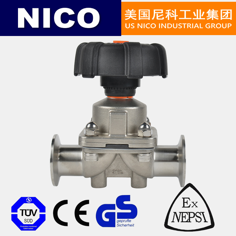 NICO imported manual quick connect sanitary diaphragm valve, stainless steel double diaphragm, food grade quick connect chuck