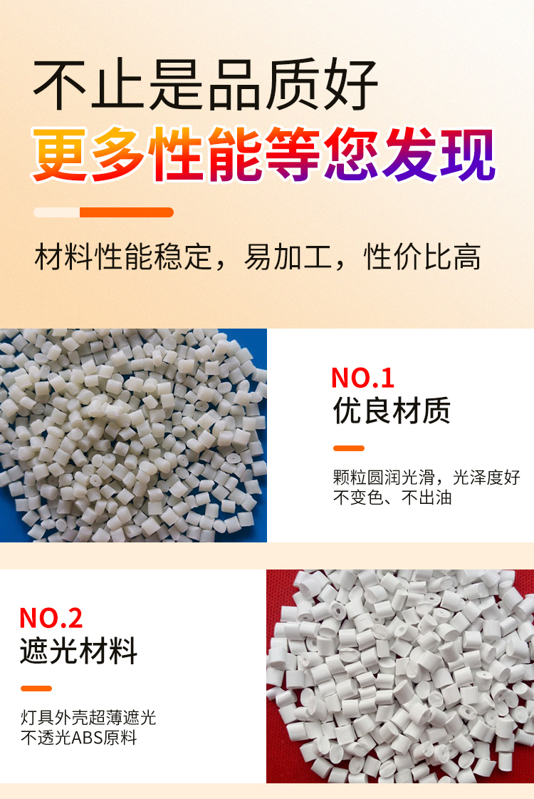 Natural ABS with 10% -40% fiber reinforced particles modified with new material with low shrinkage, high impact and heat resistance