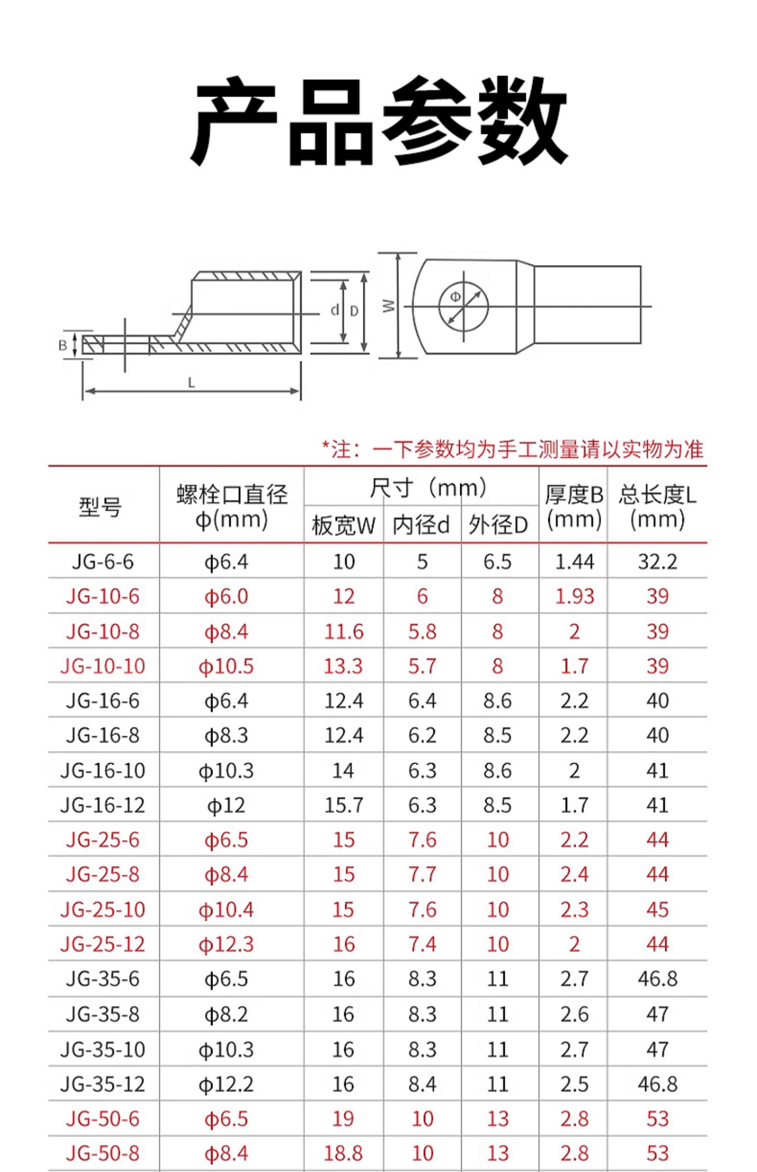 JG10-16-25-35-50 tinned red copper nose copper joint, marine copper nose wire ear cable wiring terminal