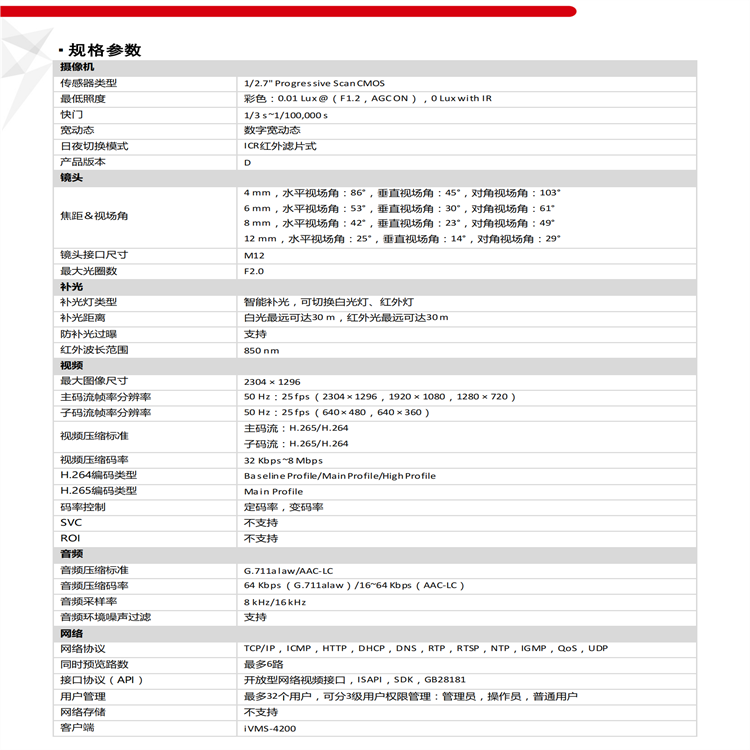 Haikang supports white light infrared dual fill network camera DS-IPC-B13HV3-LA