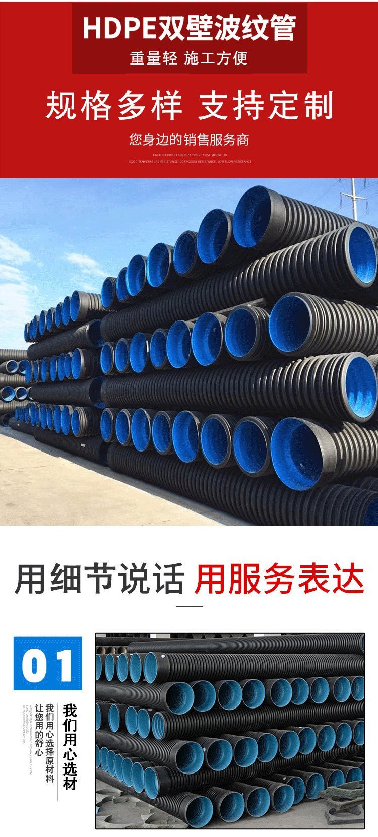 Jingze HDPE double wall corrugated plastic drainage pipe buried large diameter sewage pipe