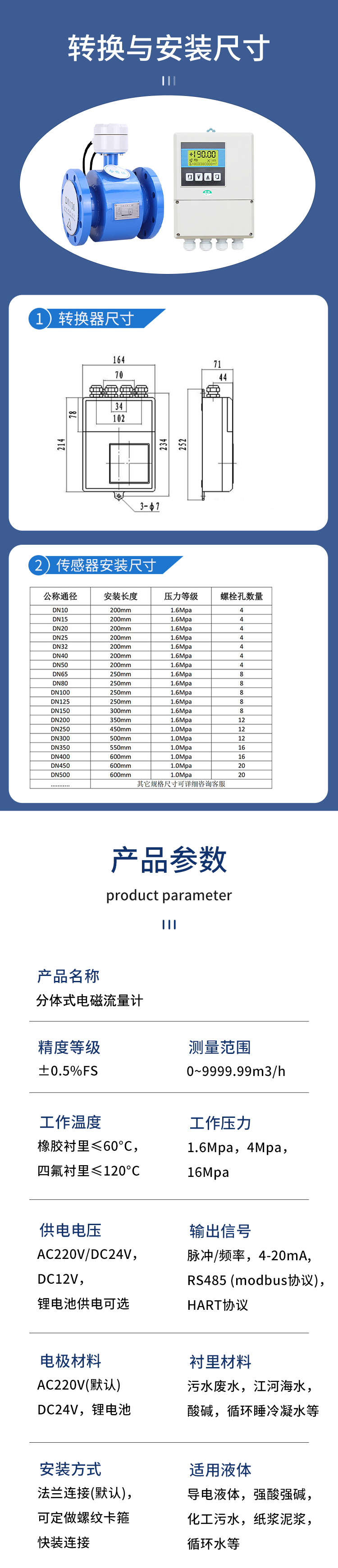 Electromagnetic flow meter has high accuracy, stable performance, strong anti-interference ability, and can measure conductive and corrosive liquids