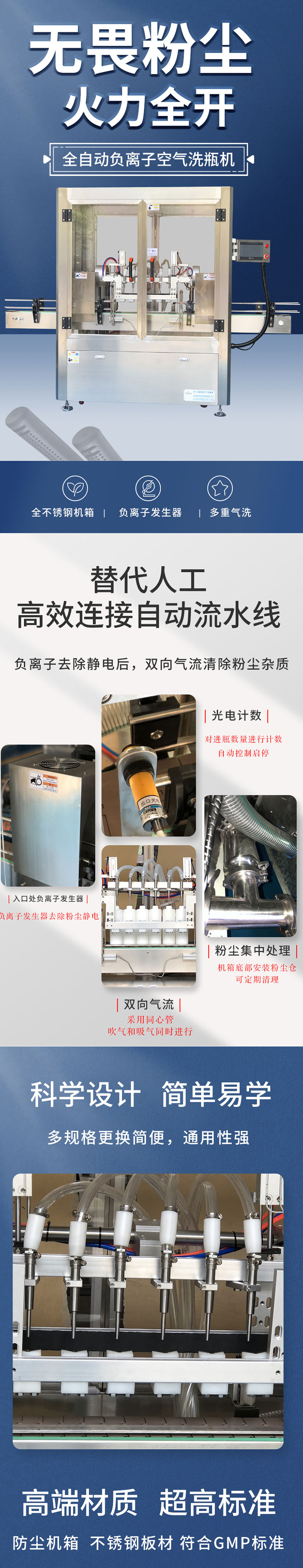 Automatic cleaning and flipping bottle washing machine Fully automatic glass bottle washing machine Ultrasonic negative ion dust removal and bottle washing machine