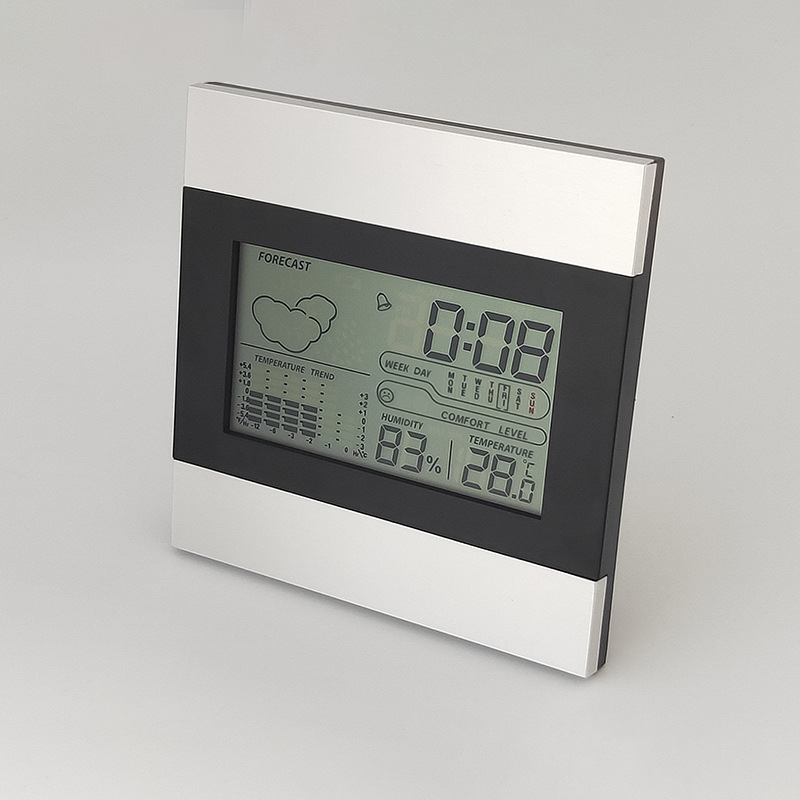 Electronic weather clock room temperature measurement table clock weather forecast clock temperature and humidity aluminum surface clock electronic LCD perpetual calendar