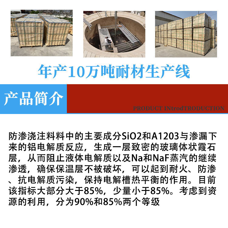 Impervious castable material used for melting aluminum on the inner wall of blast furnace. The bottom of the furnace groove is not stained with aluminum, with good strength and high fire resistance