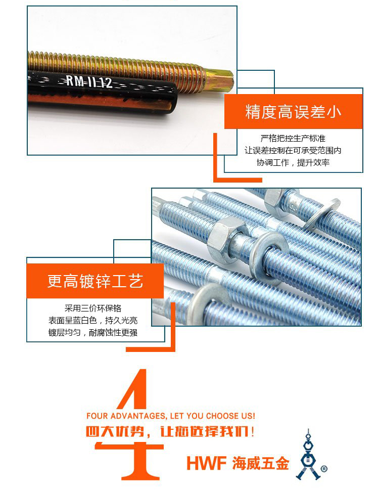 Anti cracking chemical anchor bolts provided by Haiwei Hardware with high-strength fasteners and strong anchoring force