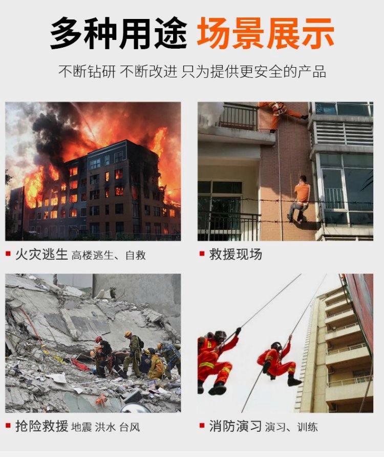 Emergency rescue, escape, fire safety rope, self rescue rope, slow descent, outdoor rescue rope, double hook steel wire core