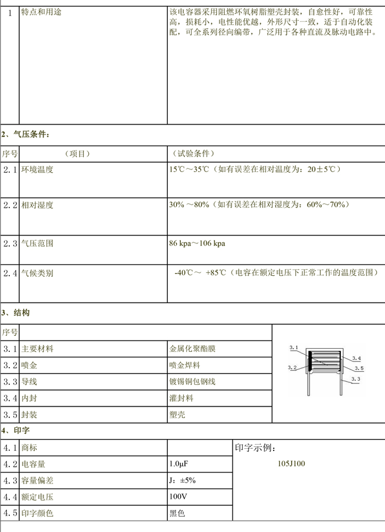 Block safety capacitor CL21X-104J-100V full series metallized correction capacitor thin film capacitor