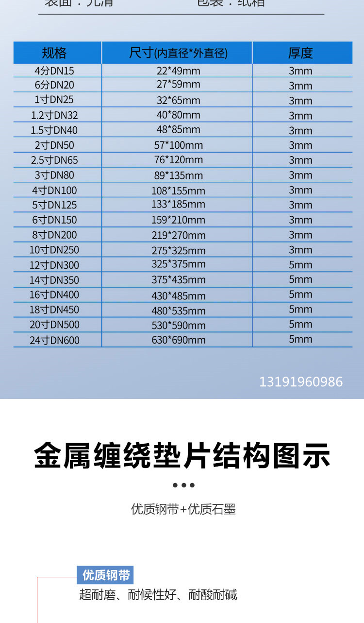 Inner and outer ring metal wound gasket 304/316L flange valve high-temperature resistant stainless steel graphite wound gasket