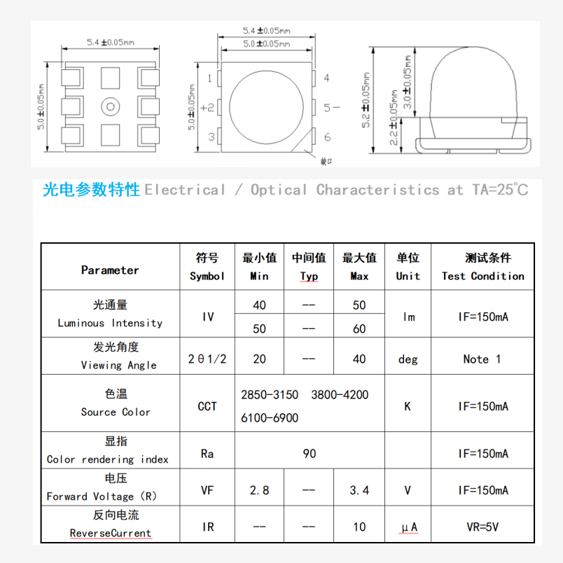 5050 ball head white light bead 30 degrees 0.5W 90RA 50-60LM high brightness small angle convex LED chip light source