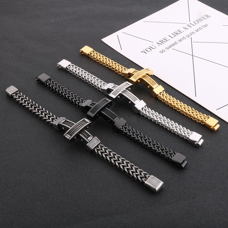 Hip Hop Street Weiya Line Cross Bracelet European and American Personality Front and Back Chain Magnet Buckle Titanium Steel Men's Bracelet