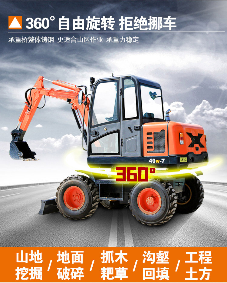 40 type wood grabbing machine for mountainous areas, wheel excavator for steel mills, and rubber wheel excavator for orchard excavation