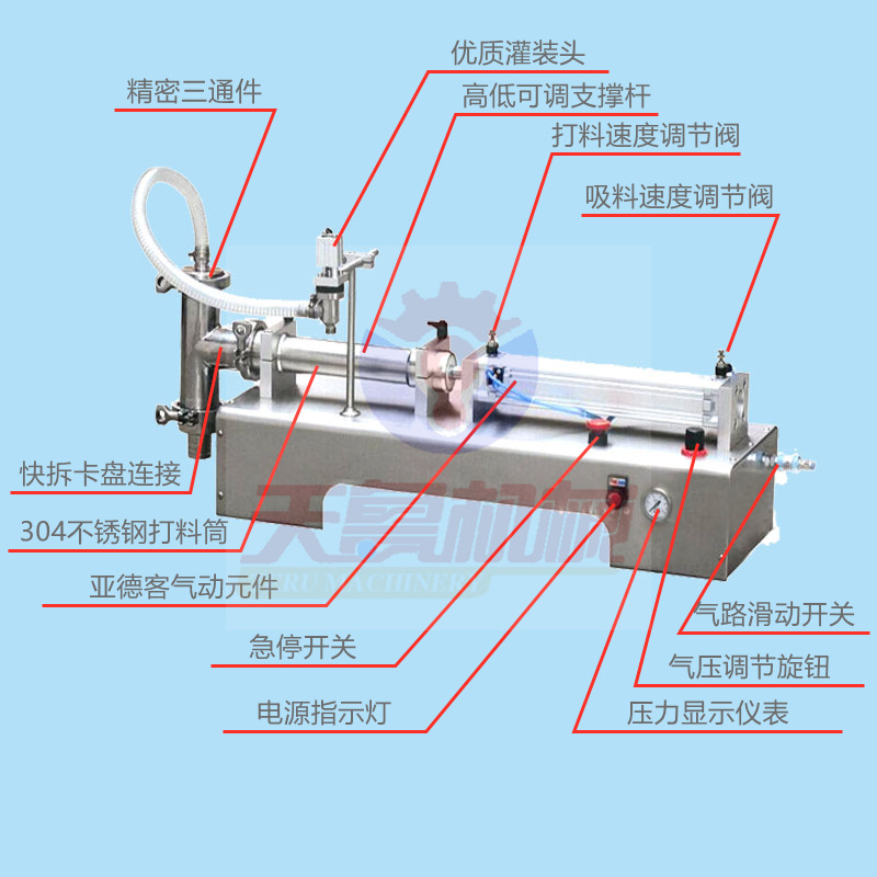 Horizontal single head liquid filling machine Tianlu DTY100 semi-automatic equipment, stainless steel material is sturdy and durable