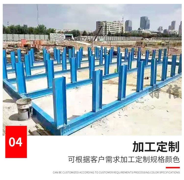 Scaffolds for placing steel bars on the construction site. Stacking of steel bars on the construction site. Scaffolds for steel bars on the construction site. Ruishuo has a large stock of steel bars in stock