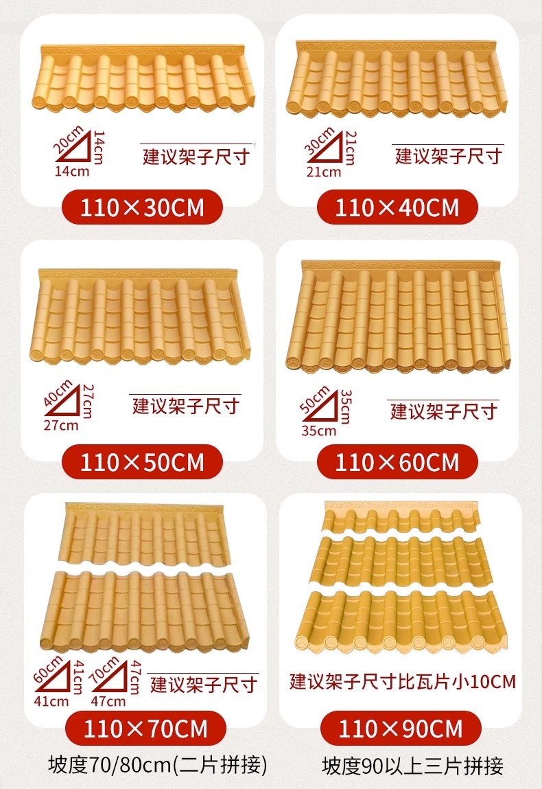 Gold yellow Chinese style antique integrated resin tile, large door, tile building, roof eaves, plastic tiles, yellow decoration