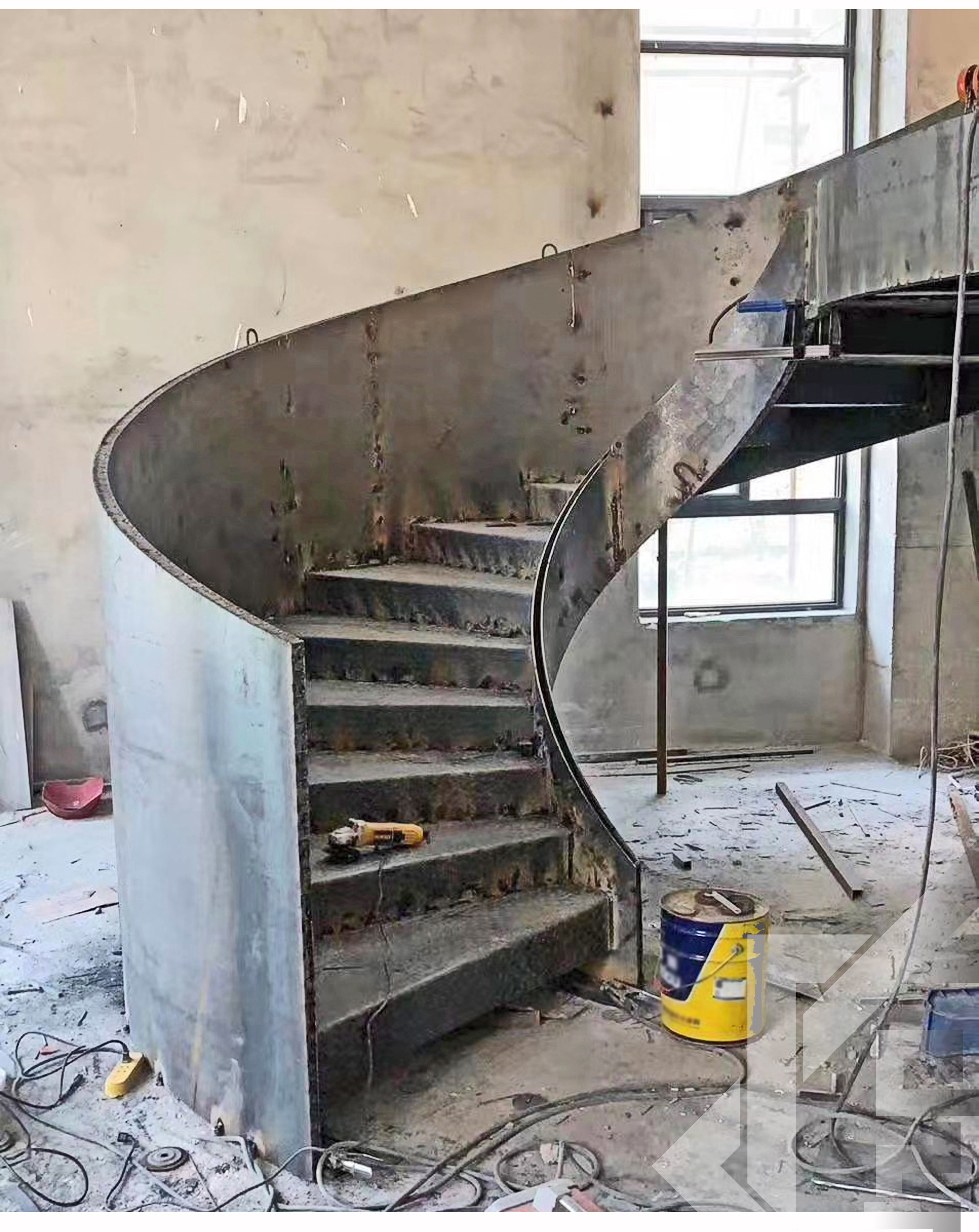 Customized design and installation of metal for steel structure glass stairs, curved rotating hot bending handrails, guardrails, and Mingting