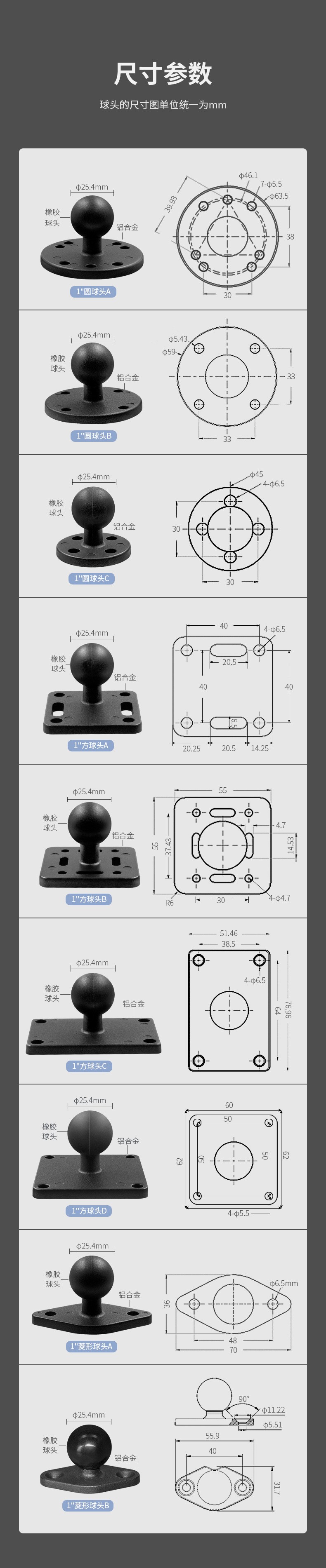 VINmounts ® Hole pitch 33x33mm, four hole circular industrial ball joint base suitable for 1 \