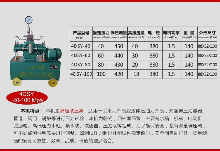 Electric pressure testing pump manufacturer pressure 2.5-100MPA valve pressure pump 4DSY pipeline increase pump