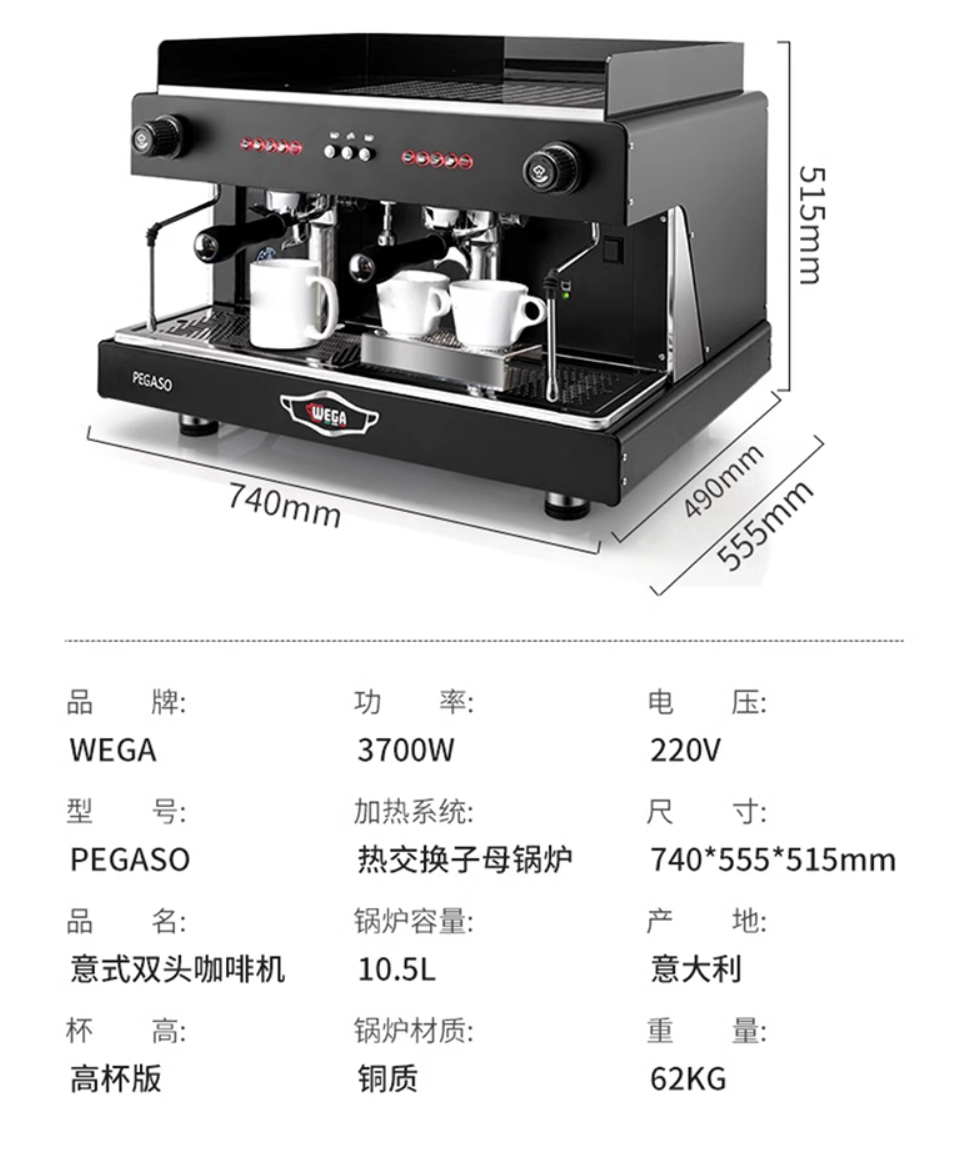 WEGA PEGASO Picasso Italian Double Head Coffee Machine High Cup Electric Control Semi Automatic Commercial Office Italy