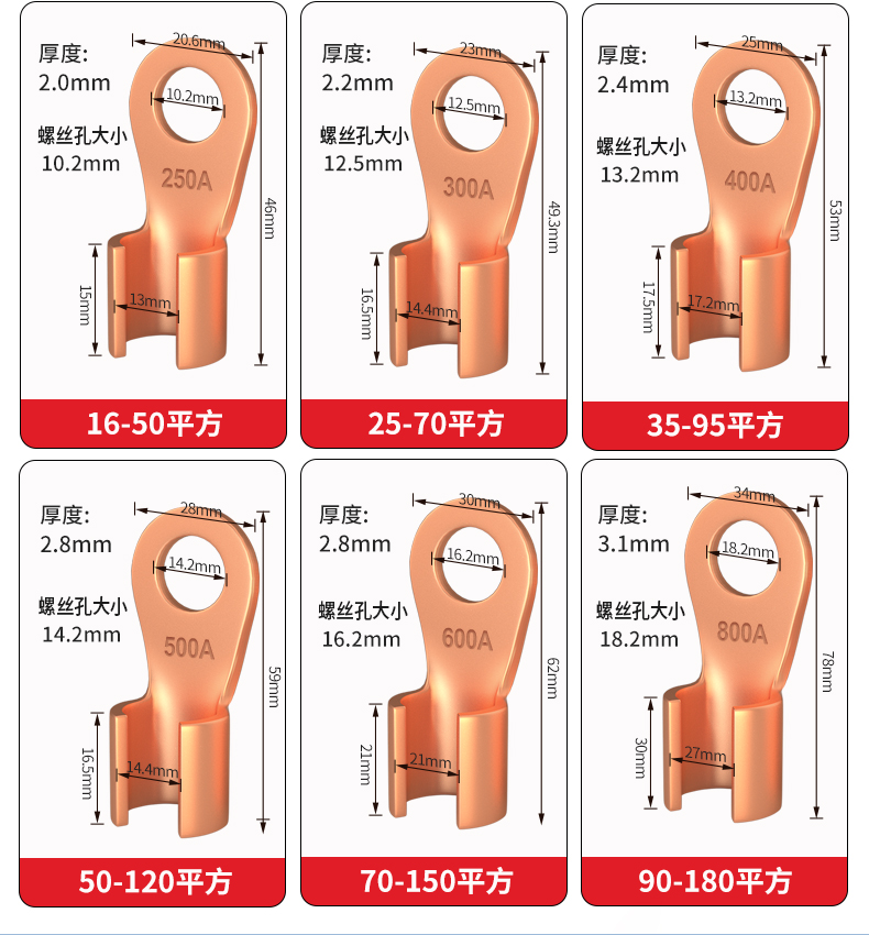 National standard pure purple thickened copper nose OT10A-1000A open copper wire ear wiring terminal