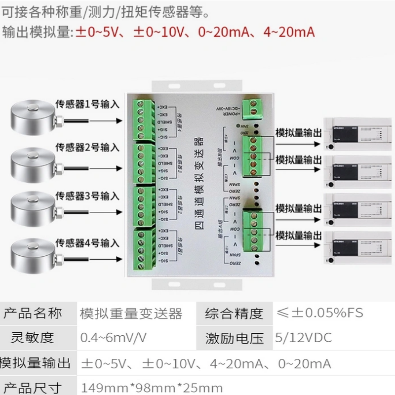 Four multi-channel analog quantity transmitter Four in four out weighing amplification acquisition card Resistance Strain gauge 10v20mA