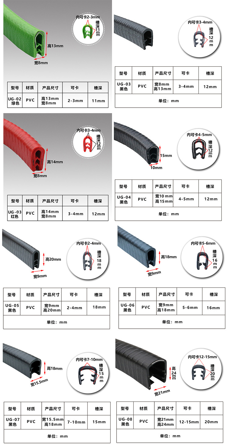 PVC car decorative strip, U-shaped color sealing strip, U-shaped skeleton edge wrapping strip, shelf edge protection strip