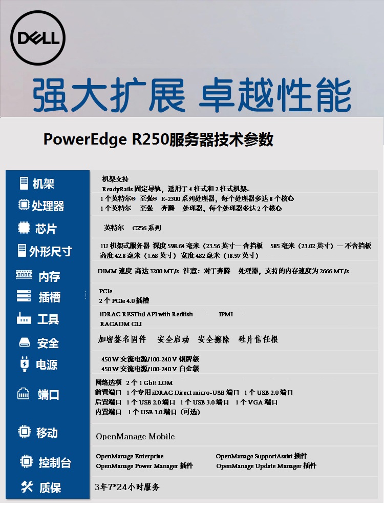 Dell PowerEdge R250 rack mounted server supports dual CPU hot swapping