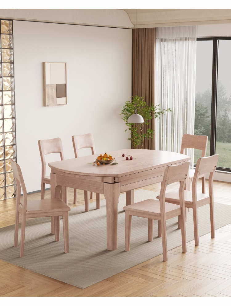 Nordic all solid wood dining table and chair manufacturer, small unit, cream style, original wood folding round dining table, white wax wood telescopic table