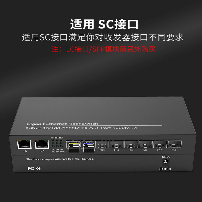 Eight optical and two electrical gigabit fiber optic transceivers, eight optical and two electrical SFP converging optical switches, photoelectric converters