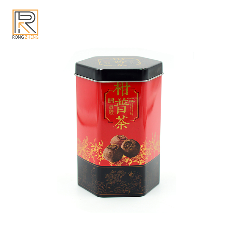 Customized hexagonal tea packaging iron box for manufacturers, small green citrus and Pu tea packaging box, irregular tin can