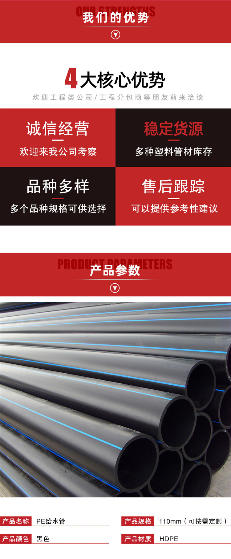 Supply PE water supply and drainage pipes, siphon PE threading pipes, environmental protection pipes, and various specifications of pipes