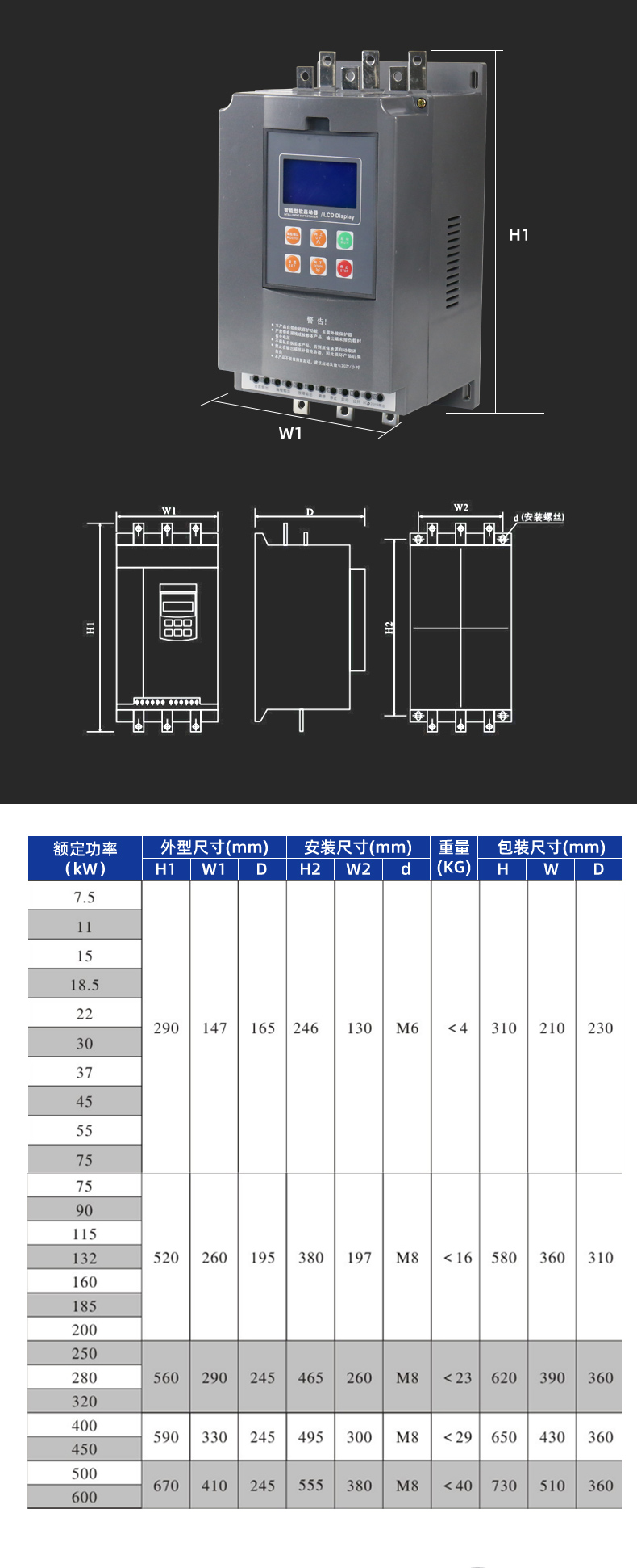 Soft starter positive transmission external bypass 22kW motor starter intelligent LCD display three phase 380V