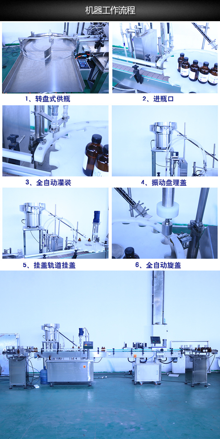 Manufacturers of essential oil filling production lines for fully automatic liquid filling machines and rotary quantitative canning and capping machines