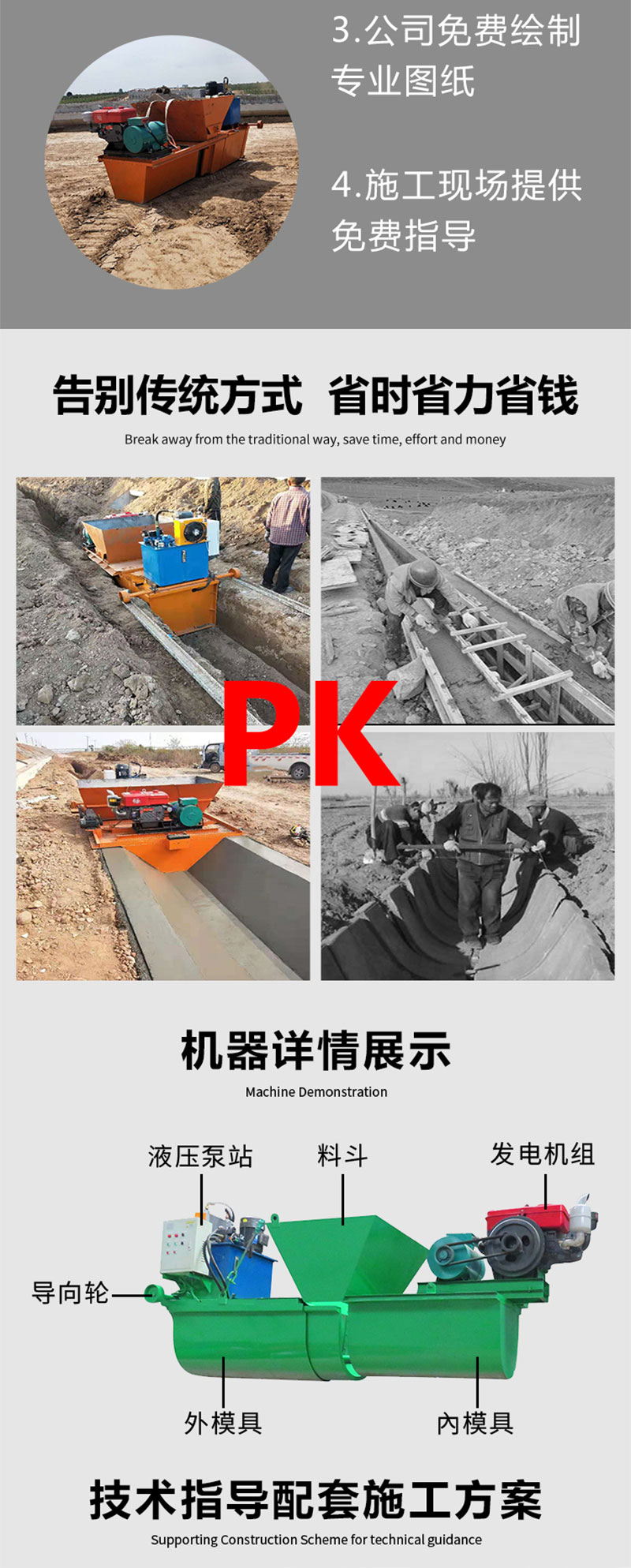 Tractive canal paver U-shaped hydraulic canal sliding formwork machine Trench lining canal machine