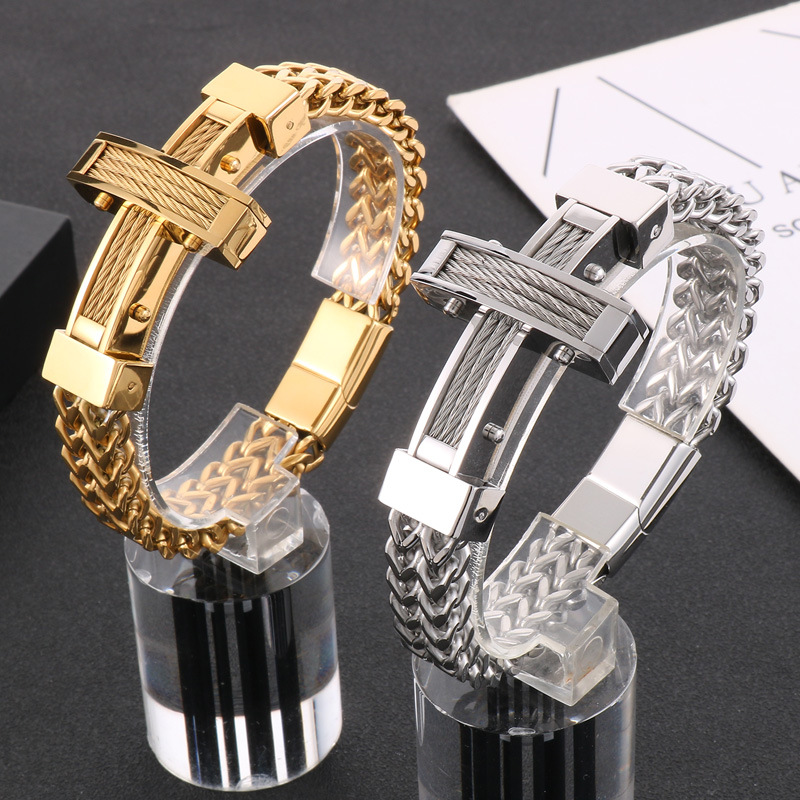 Hip Hop Street Weiya Line Cross Bracelet European and American Personality Front and Back Chain Magnet Buckle Titanium Steel Men's Bracelet