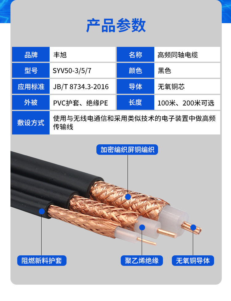 Syv50-3 coaxial cable, RF cable, double-layer shielded network, oxygen free copper signal amplifier cable, feeder