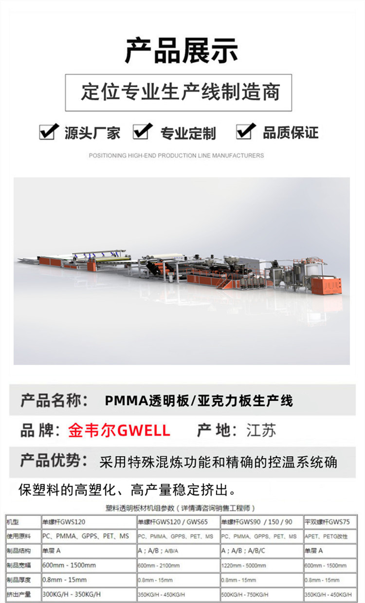 PMMA plastic transparent plate production line, acrylic plate extruder equipment can be customized